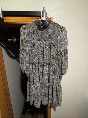Just...Taylor Black and White Dotted Smocked-Tier Long Sleeve Dress